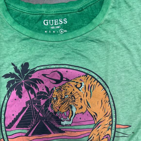 Vintage Y2k Guess Mcbling Tiger Pyramids 1987 Green Pink Graphic Tee Women's XL - Picture 2 of 6